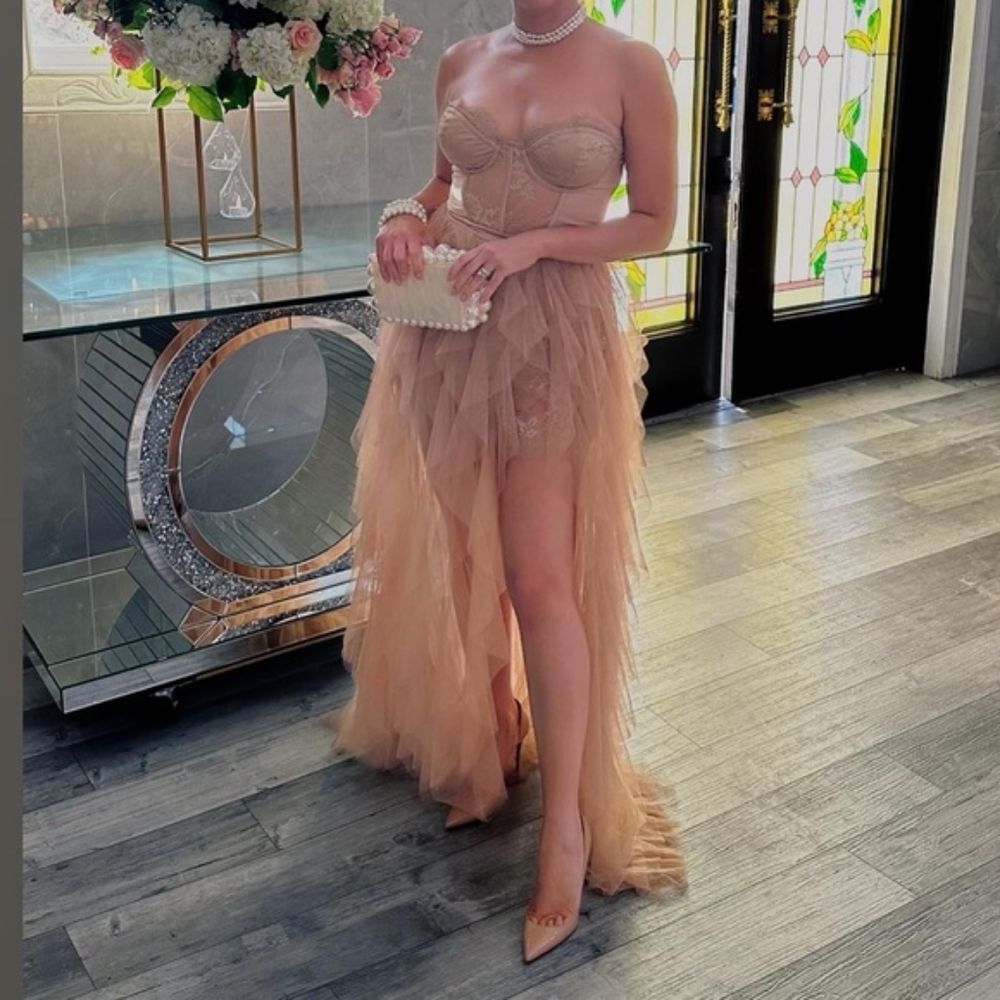 For Love and Lemons X Revolve Bustier Tulle Maxi Skirt Gown Tan Warm Taupe Sz XS